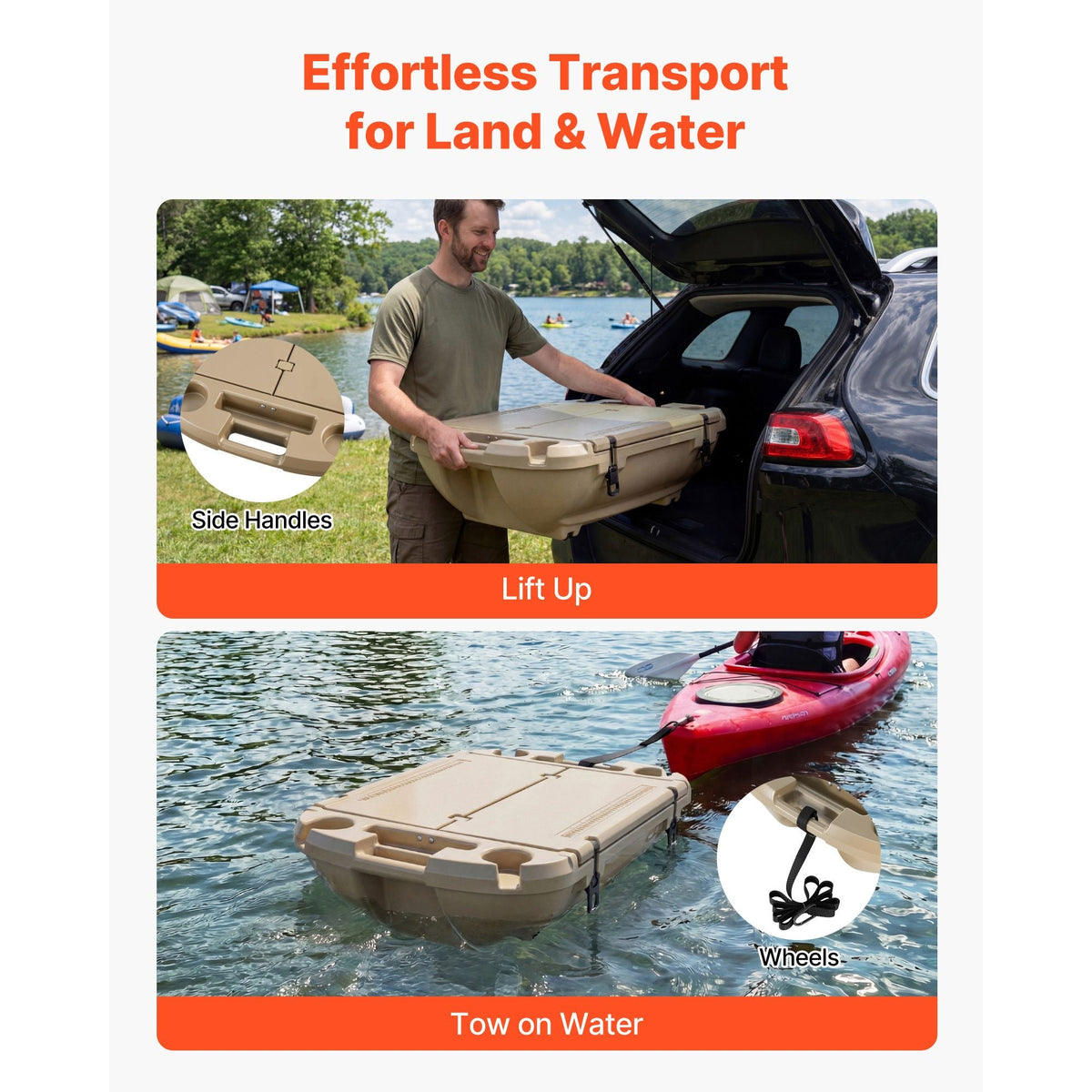 Floating Cooler, 40 QT Floating Ice Chest with Dry Storage & Tow Rope, Premium LLDPE Amphibious Drink Cooler for Water & Land, Cruise Smoothly Stable on Lake, River, Pool, Beach, Kayak, Apricot
