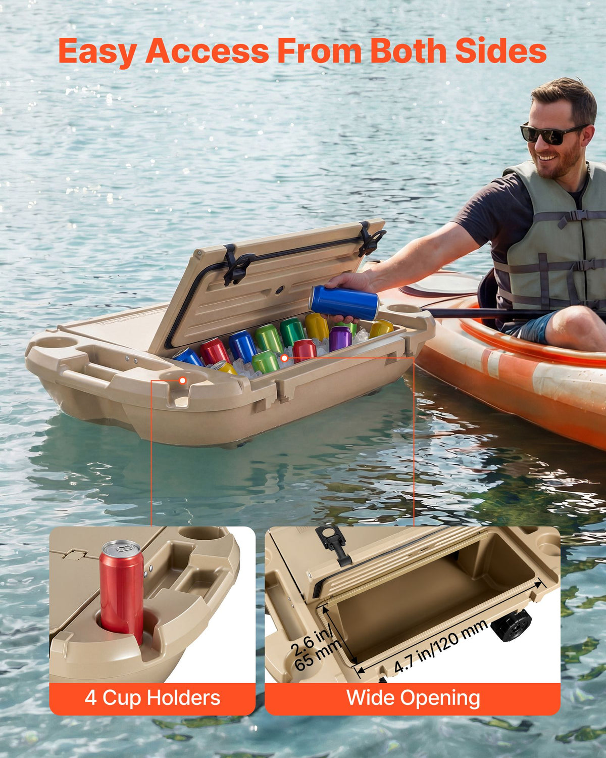 Floating Cooler, 40 QT Floating Ice Chest with Dry Storage & Tow Rope, Premium LLDPE Amphibious Drink Cooler for Water & Land, Cruise Smoothly Stable on Lake, River, Pool, Beach, Kayak, Apricot