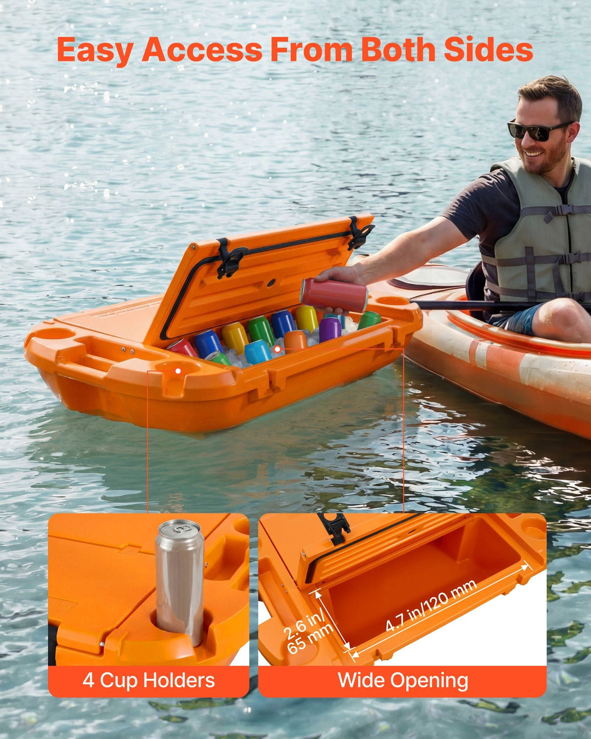Floating Cooler, 40 QT Floating Ice Chest with Dry Storage & Tow Rope, Premium LLDPE Amphibious Drink Cooler for Water & Land, Cruise Smoothly Stable on Lake, River, Pool, Beach, Kayak, Orange