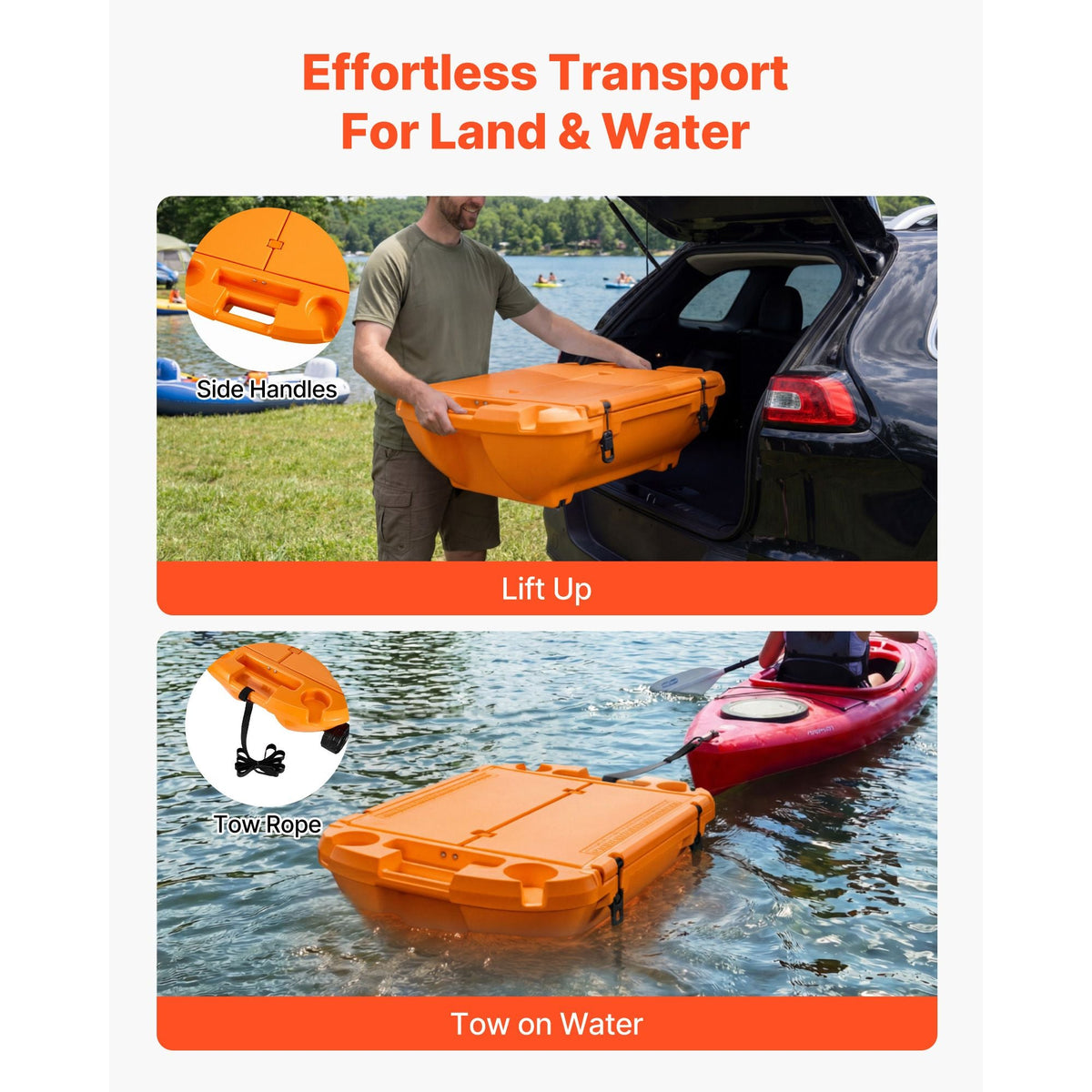 Floating Cooler, 40 QT Floating Ice Chest with Dry Storage & Tow Rope, Premium LLDPE Amphibious Drink Cooler for Water & Land, Cruise Smoothly Stable on Lake, River, Pool, Beach, Kayak, Orange