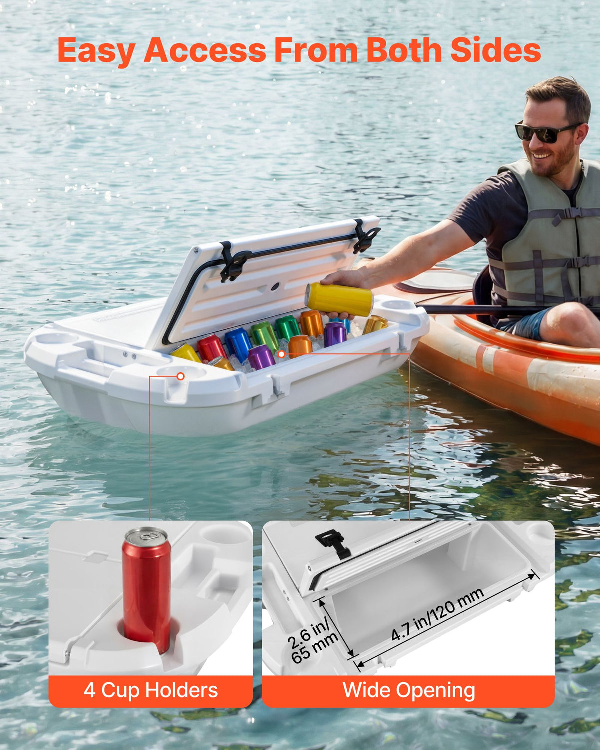 Floating Cooler, 40 QT Floating Ice Chest with Dry Storage & Tow Rope, Premium LLDPE Amphibious Drink Cooler for Water & Land, Cruise Smoothly Stable on Lake, River, Pool, Beach, Kayak, White
