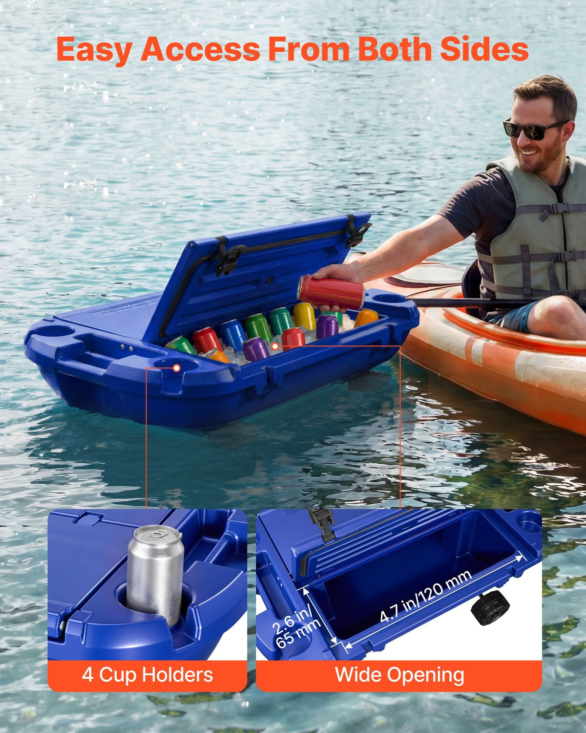 Floating Cooler, 40 QT Floating Ice Chest with Dry Storage, Wheels & Tow Rope, Premium LLDPE Amphibious Drink Cooler for Water & Land, Cruise Stable on Lake, River, Pool, Beach, Kayak, Deep Blue