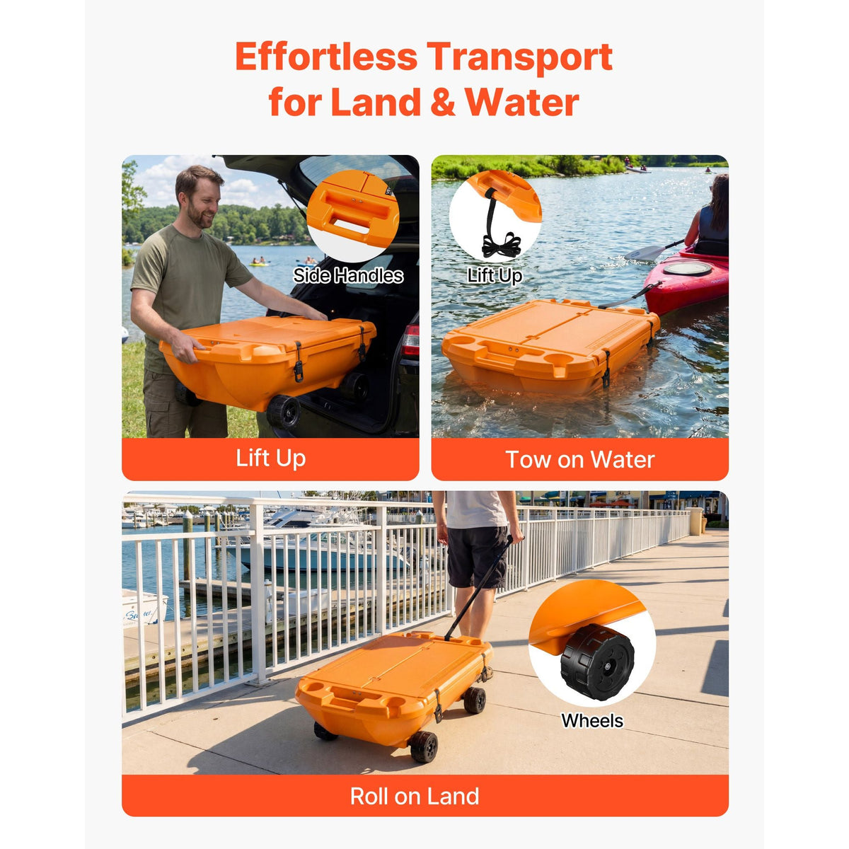 Floating Cooler, 40 QT Floating Ice Chest with Dry Storage, Wheels & Tow Rope, Premium LLDPE Amphibious Drink Cooler for Water & Land, Cruise Stable on Lake, River, Pool, Beach, Kayak, Orange