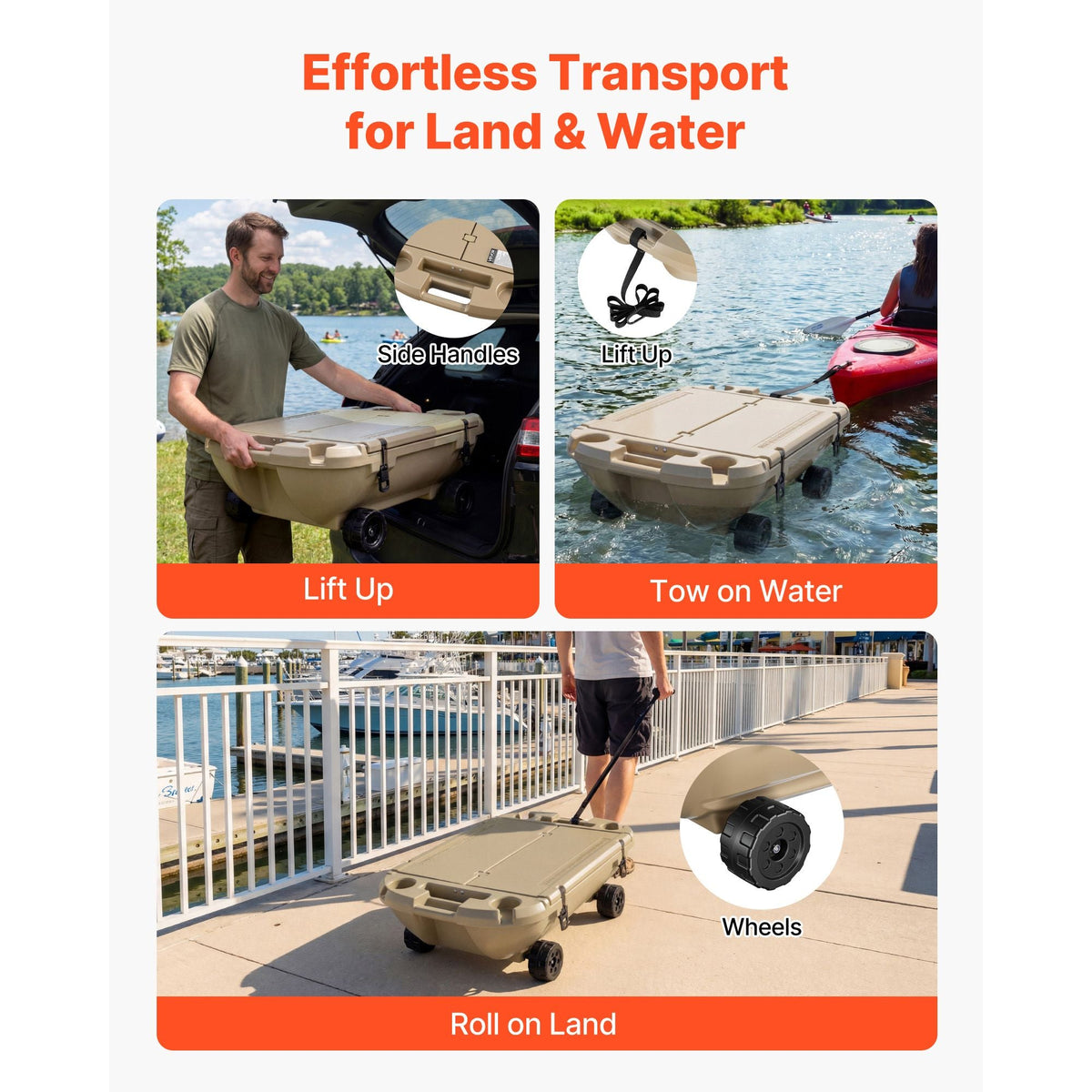 Floating Cooler, 40 QT Floating Ice Chest with Dry Storage, Wheels & Tow Rope, Premium LLDPE Amphibious Drink Cooler for Water & Land, Stable Cruiser on Lake, River, Pool, Beach, Kayak, Apricot