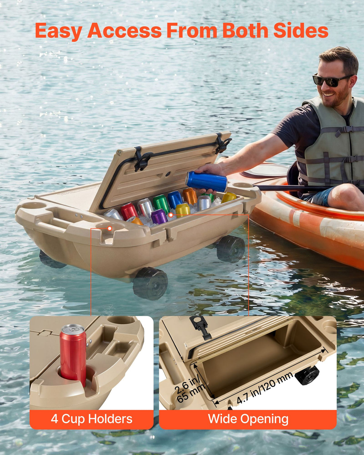 Floating Cooler, 40 QT Floating Ice Chest with Dry Storage, Wheels & Tow Rope, Premium LLDPE Amphibious Drink Cooler for Water & Land, Stable Cruiser on Lake, River, Pool, Beach, Kayak, Apricot