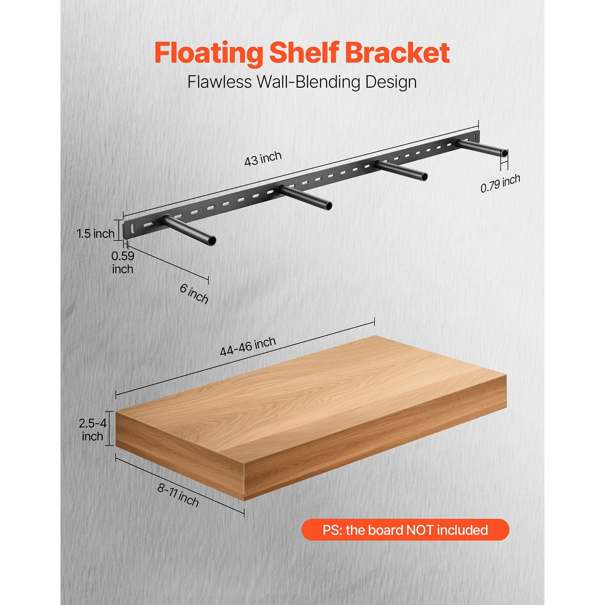 Floating Shelf Bracket 1 Pack, 230 lbs/104 kg Weight Capacity, 43x6.2x1.5 inch / 1092.2x157.4x38.1 mm, Heavy Duty Hidden Shelf Brackets Support, Wall Mounting Invisible Floating Shelves Bracket