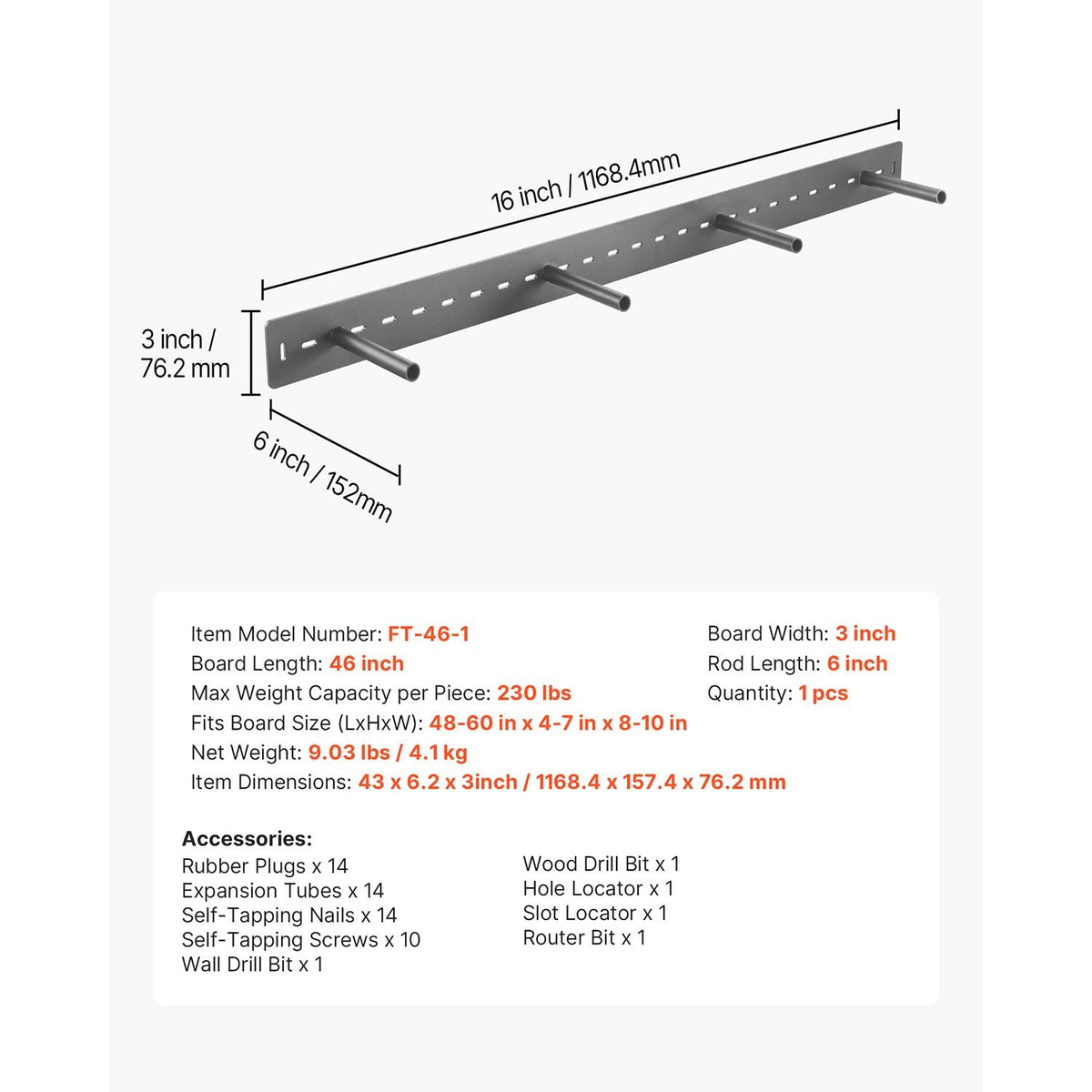 Floating Shelf Bracket 1 Pack, 230 lbs/104 kg Weight Capacity, 46x6.2x3 inch / 1168.4x157.4x76.2 mm, Heavy Duty Hidden Shelf Brackets Support, Wall Mounting Invisible Floating Shelves Bracket