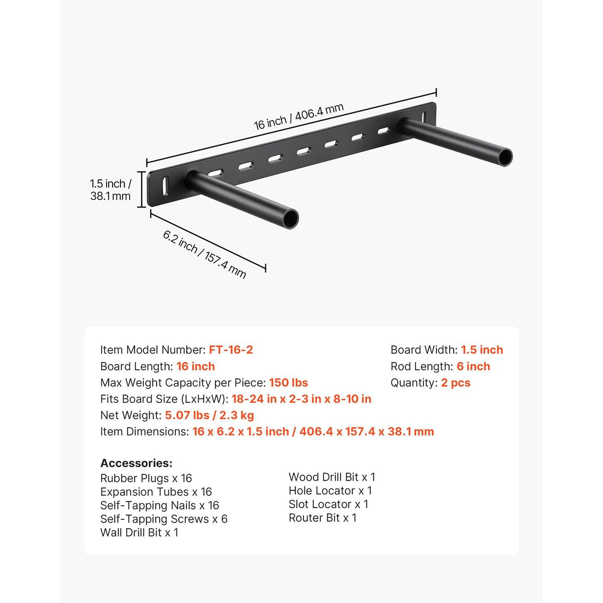 Floating Shelf Brackets 2 Pcs, 150 lbs/68 kg Weight Capacity, 16x6.2x1.5 inch / 406.4x157.4x38.1 mm, Heavy Duty Hidden Shelf Brackets Support, Wall Mounting Invisible Floating Shelves Bracket