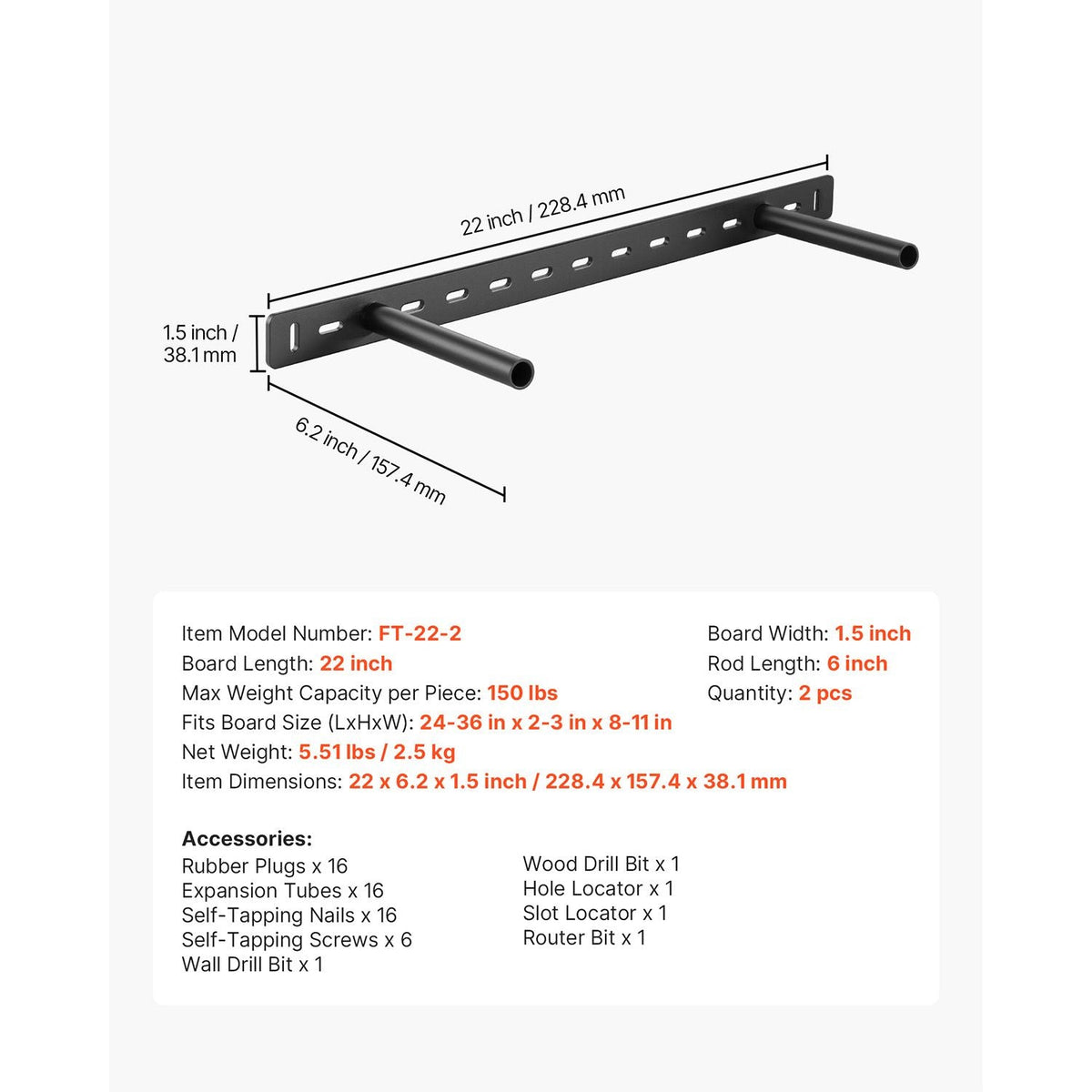 Floating Shelf Brackets 2 Pcs, 150 lbs/68 kg Weight Capacity, 22x6.2x1.5 inch / 558.4x157.4x38.1 mm, Heavy Duty Hidden Shelf Brackets Support, Wall Mounting Invisible Floating Shelves Bracket