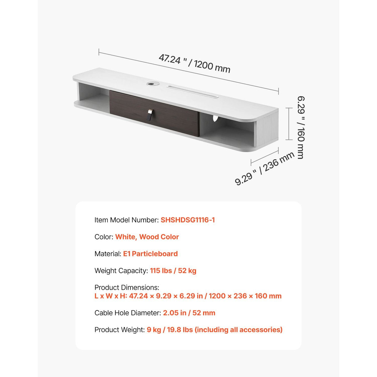 Floating TV Stand, 47 in Wall Mount Entertainment Center with Cable Hole, Modern Floating TV Shelf with Storage Cabinet, Particle Board Console for DVD Player, Cable Box, Game Console, White
