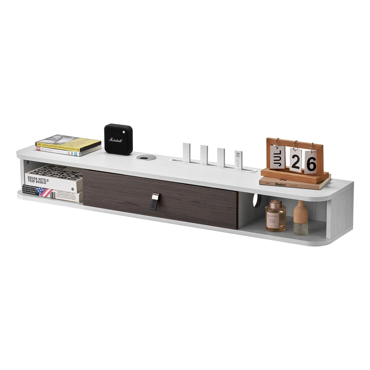 Floating TV Stand, 47 in Wall Mount Entertainment Center with Cable Hole, Modern Floating TV Shelf with Storage Cabinet, Particle Board Console for DVD Player, Cable Box, Game Console, White