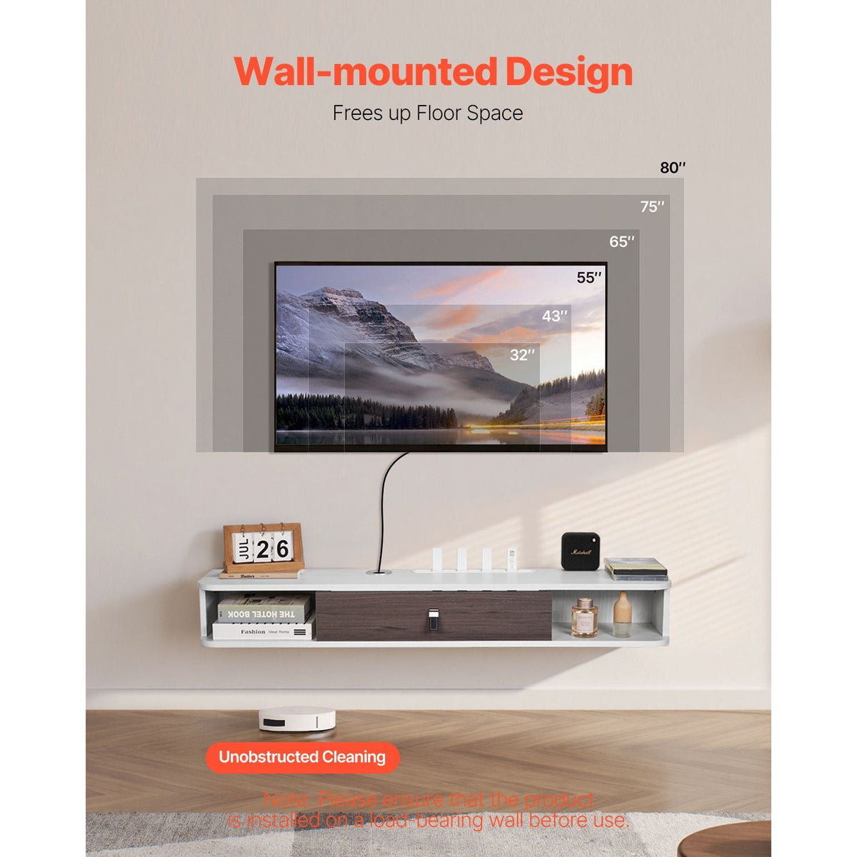 Floating TV Stand, 47 in Wall Mount Entertainment Center with Cable Hole, Modern Floating TV Shelf with Storage Cabinet, Particle Board Console for DVD Player, Cable Box, Game Console, White