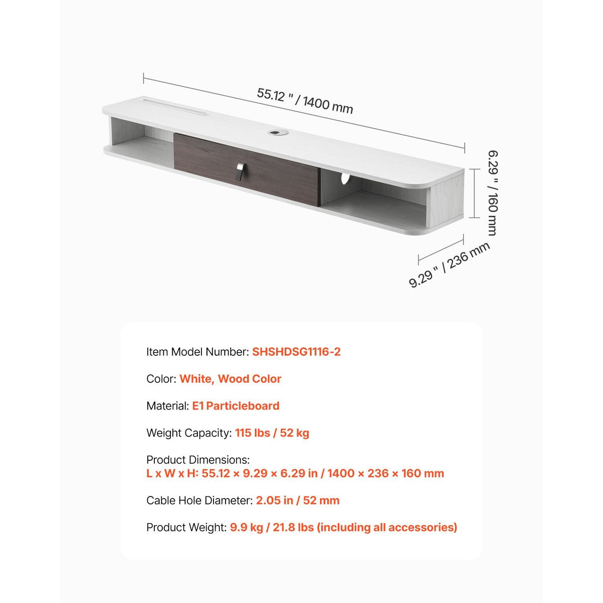 Floating TV Stand, 55 in Wall Mount Entertainment Center with Cable Hole, Modern Floating TV Shelf with Storage Cabinet, Particle Board Console for DVD Player, Cable Box, Game Console, White