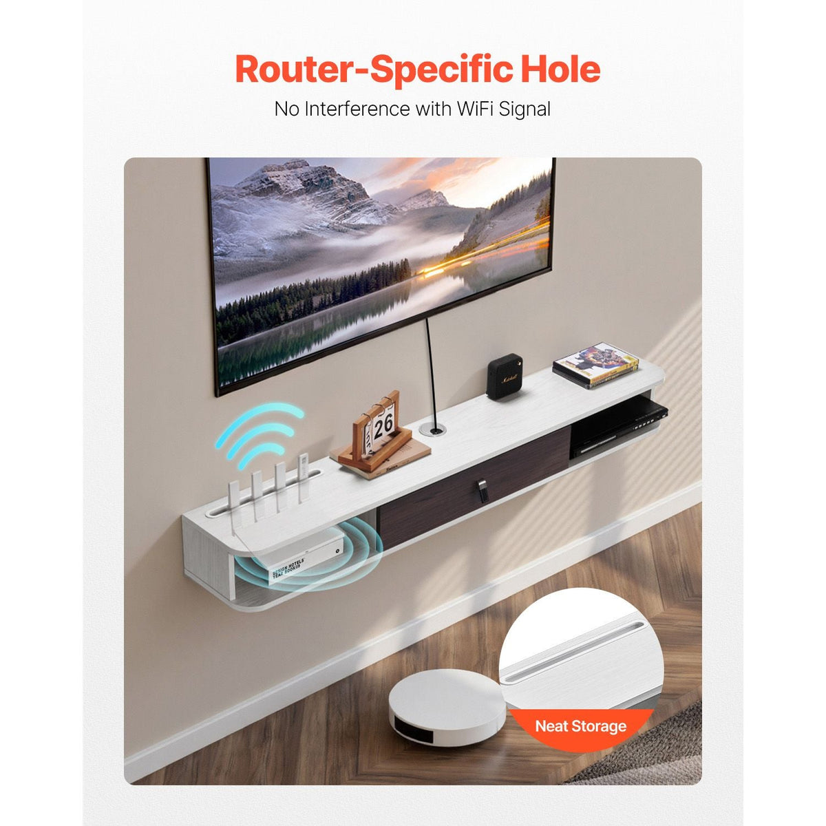 Floating TV Stand, 55 in Wall Mount Entertainment Center with Cable Hole, Modern Floating TV Shelf with Storage Cabinet, Particle Board Console for DVD Player, Cable Box, Game Console, White