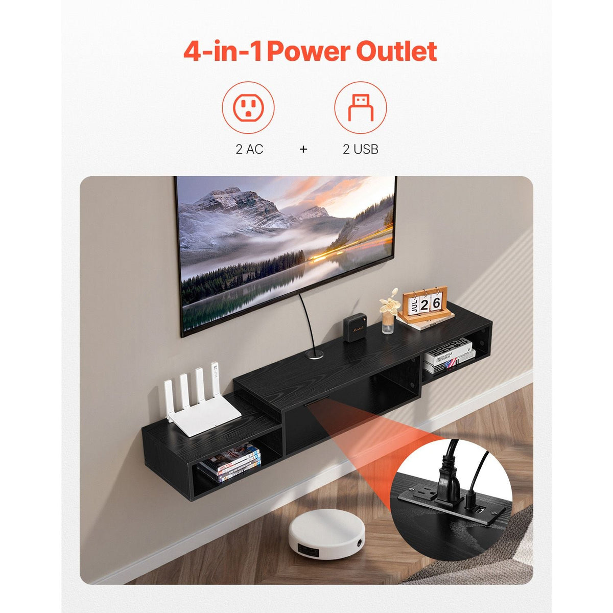 Floating TV Stand, 59" Wall Mount Entertainment Center with Power Outlet & Cable Hole, Modern Floating TV Shelf with Storage Cabinet for DVD Player, Cable Box, Game Console, TV Accessory, Black