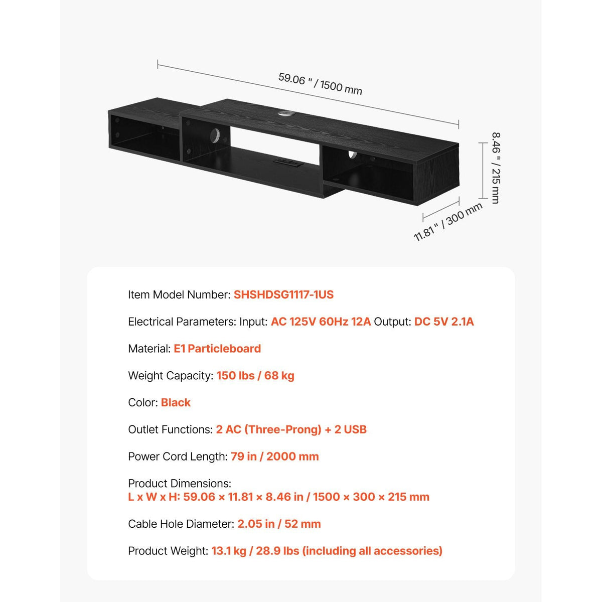 Floating TV Stand, 59" Wall Mount Entertainment Center with Power Outlet & Cable Hole, Modern Floating TV Shelf with Storage Cabinet for DVD Player, Cable Box, Game Console, TV Accessory, Black