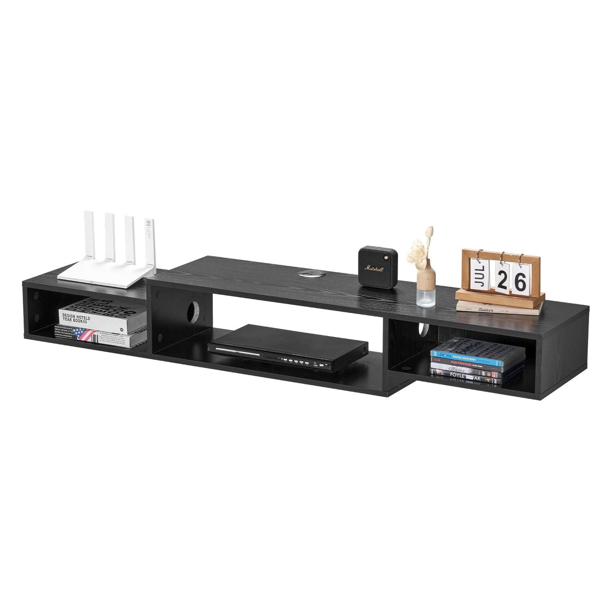 Floating TV Stand, 59" Wall Mount Entertainment Center with Power Outlet & Cable Hole, Modern Floating TV Shelf with Storage Cabinet for DVD Player, Cable Box, Game Console, TV Accessory, Black