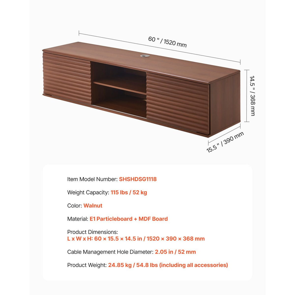 Floating TV Stand, 60" Wall Mount Entertainment Center with Adjustable Shelf & Sliding Doors, 2 Tiers Floating TV Shelf with Storage Cabinet for DVD Player, Cable Box, Game Console, Walnut