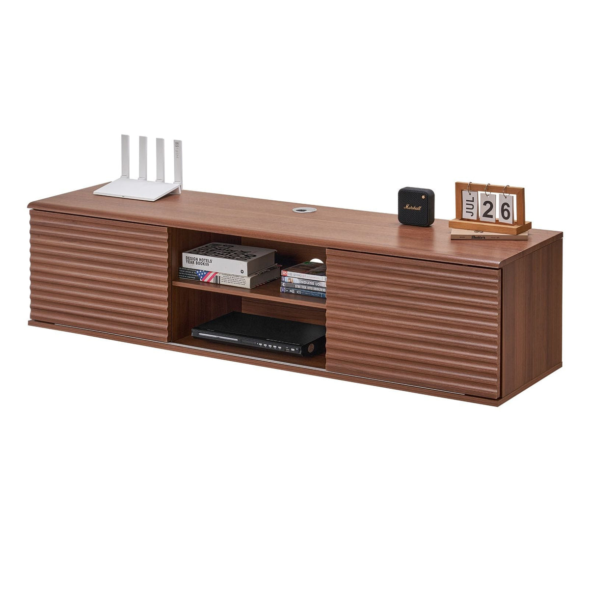 Floating TV Stand, 60" Wall Mount Entertainment Center with Adjustable Shelf & Sliding Doors, 2 Tiers Floating TV Shelf with Storage Cabinet for DVD Player, Cable Box, Game Console, Walnut