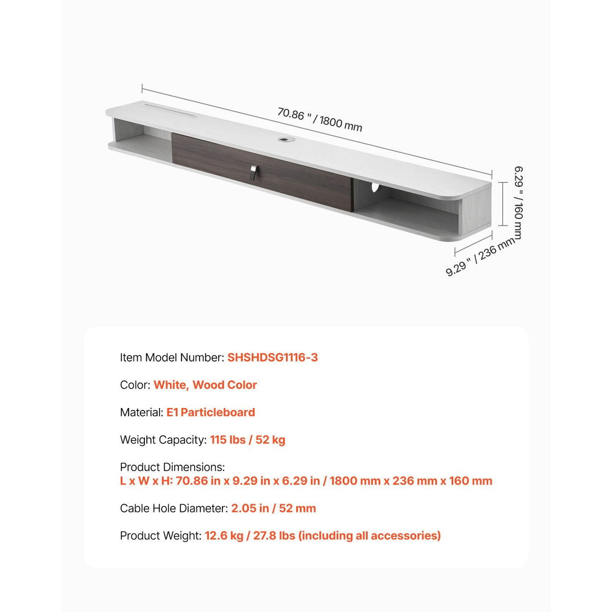 Floating TV Stand, 70 in Wall Mount Entertainment Center with Cable Hole, Modern Floating TV Shelf with Storage Cabinet, Particle Board Console for DVD Player, Cable Box, Game Console, White