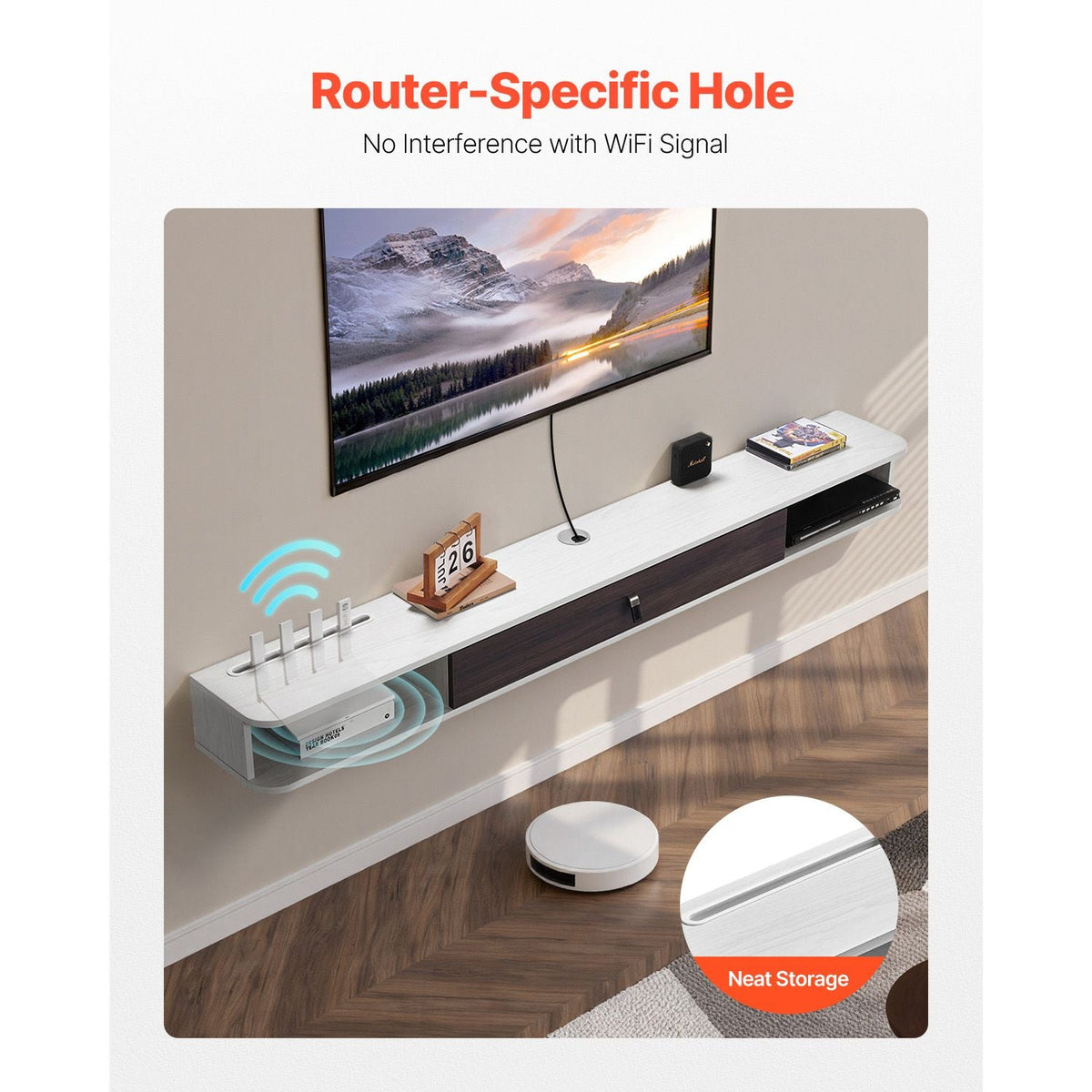 Floating TV Stand, 70 in Wall Mount Entertainment Center with Cable Hole, Modern Floating TV Shelf with Storage Cabinet, Particle Board Console for DVD Player, Cable Box, Game Console, White