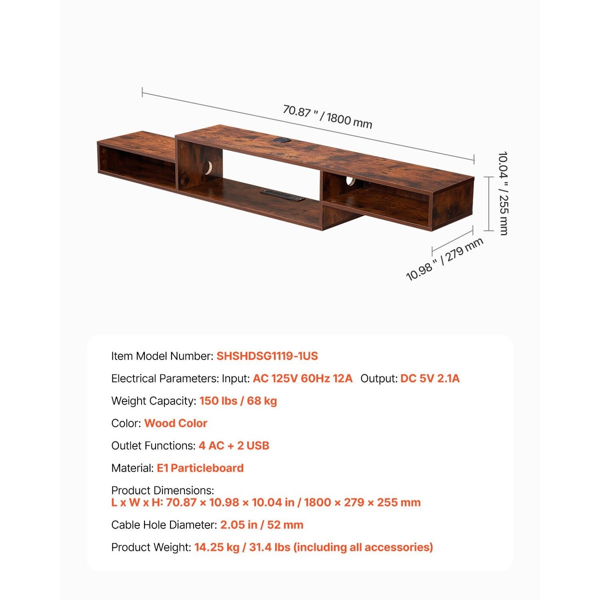 Floating TV Stand, 70" Wall Mount Entertainment Center with Power Outlet & Cable Hole, Modern Floating TV Shelf with Storage Cabinet for DVD Player, Cable Box, Game Console, TV Accessory, Wood