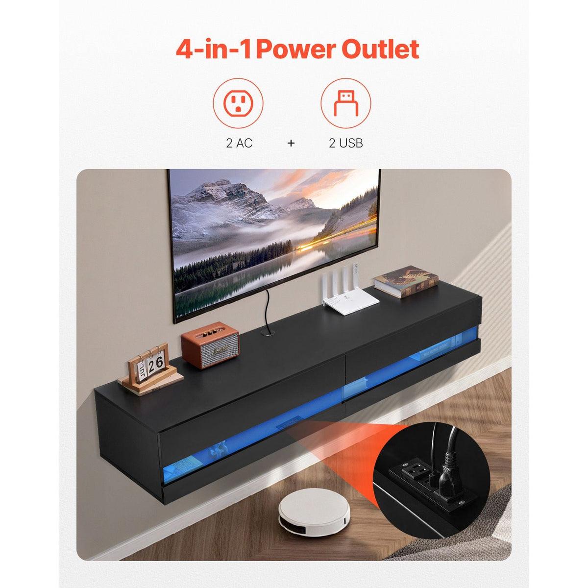 Floating TV Stand, 71 in Wall Mount Entertainment Center with Power Outlet & LED Lights, Modern Floating TV Shelf with 2 Drawers & Storage Cabinet for DVD Player, Cable Box, Game Console, Black