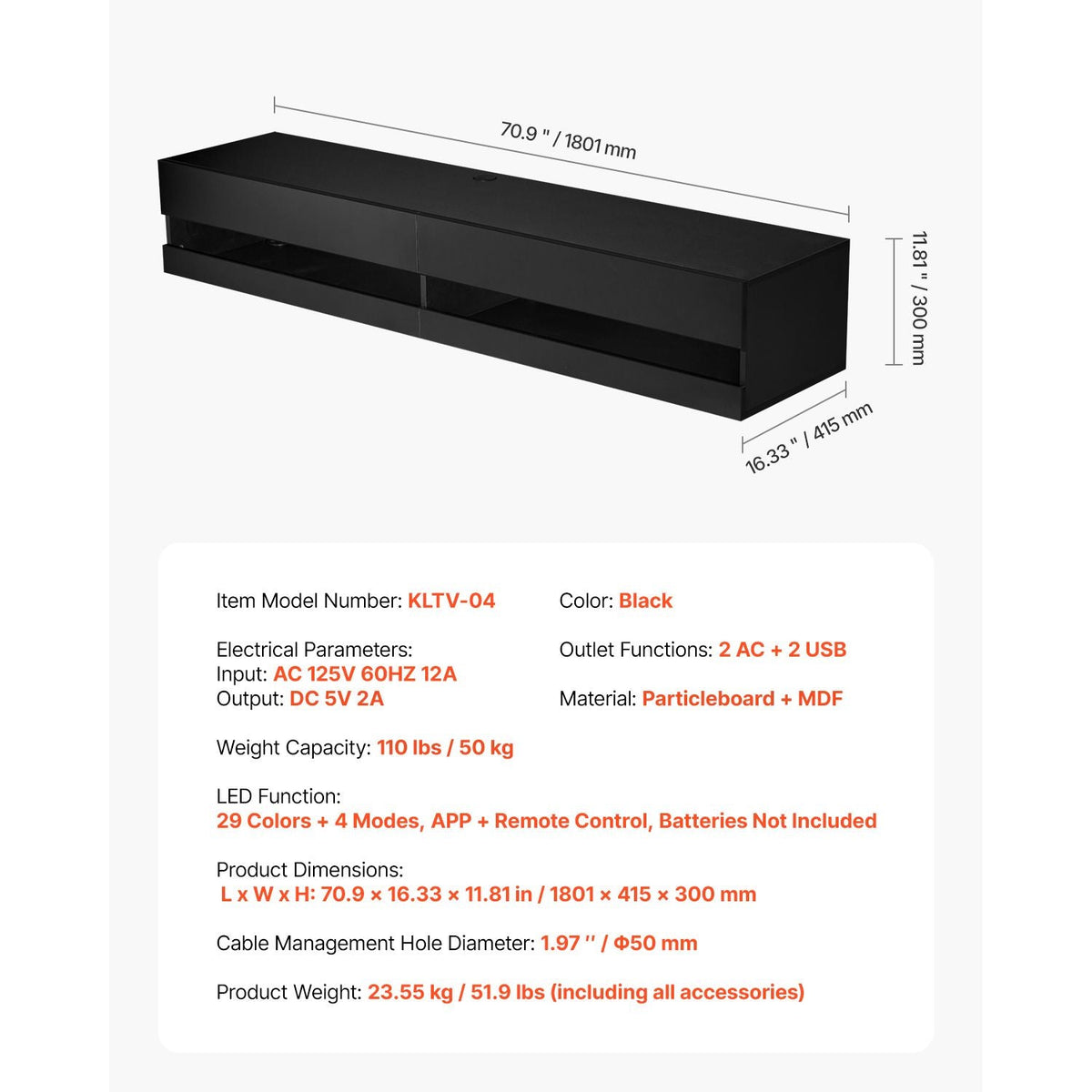 Floating TV Stand, 71 in Wall Mount Entertainment Center with Power Outlet & LED Lights, Modern Floating TV Shelf with 2 Drawers & Storage Cabinet for DVD Player, Cable Box, Game Console, Black