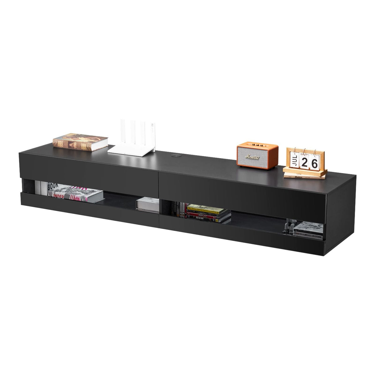Floating TV Stand, 71 in Wall Mount Entertainment Center with Power Outlet & LED Lights, Modern Floating TV Shelf with 2 Drawers & Storage Cabinet for DVD Player, Cable Box, Game Console, Black