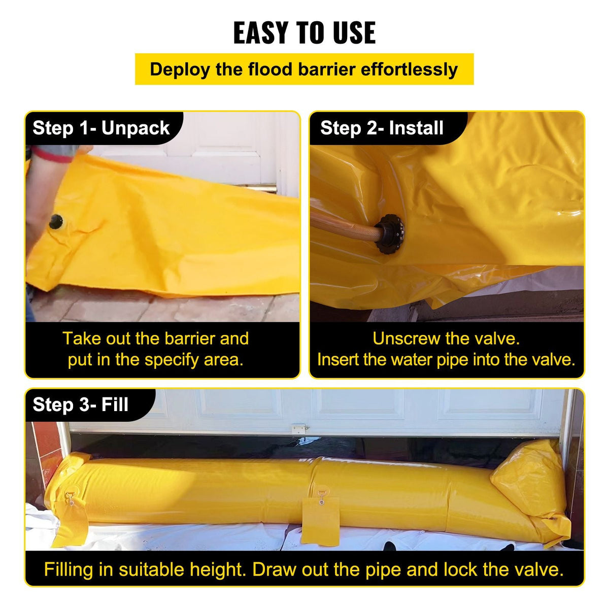 Flood Bag, 24 ft Length x 12 in Height, Reusable PVC Water Diversion Tubes, Lightweight with Excellent Waterproof Effect Used for Doorways, Garages, Yellow