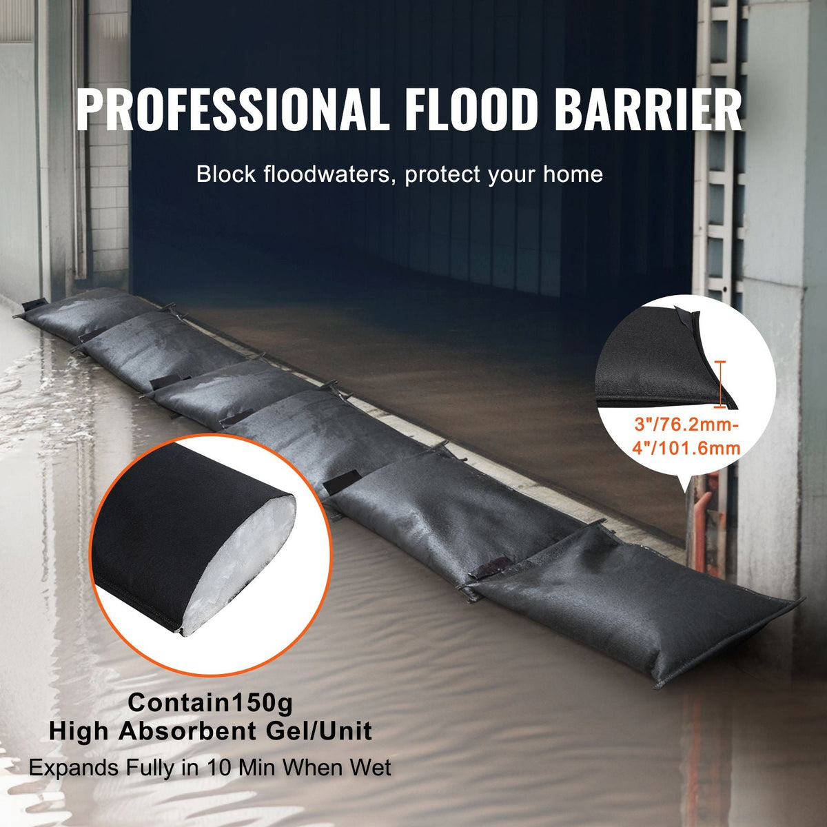 Flood Barriers, Water Flood Dam Bags 6 Pack, Water Barriers for Flooding, Water Activated Flood Barriers for Home, Doorway, Driveway(2FT x 1in)