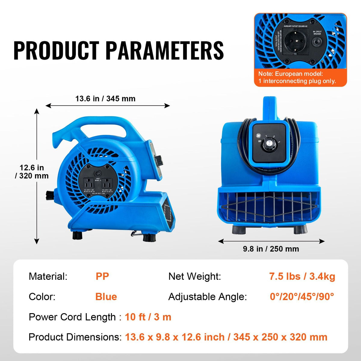 Floor Blower, 1360 RPM 600 CFM, Air Mover for Drying and Cooling, Portable Carpet Dryer Fan with 4 Blowing Angles,3-Speeds Adjustment, for Janitorial, Home, Plumbing, Commercial Use