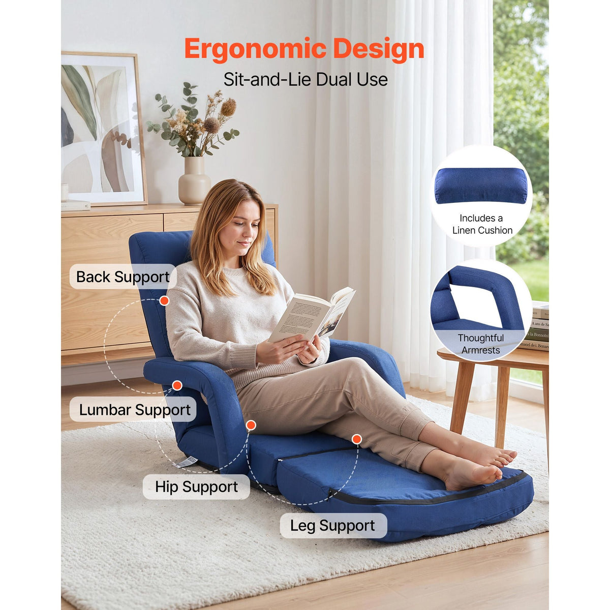 Floor Chair, 5 Adjustable Positions Folding Floor Gaming Chair with Back Support, Armrests, and Cushion, Sturdy Metal Frame with Recycled Foam and Linen Fabric, for Reading, Relaxing, Dark Blue