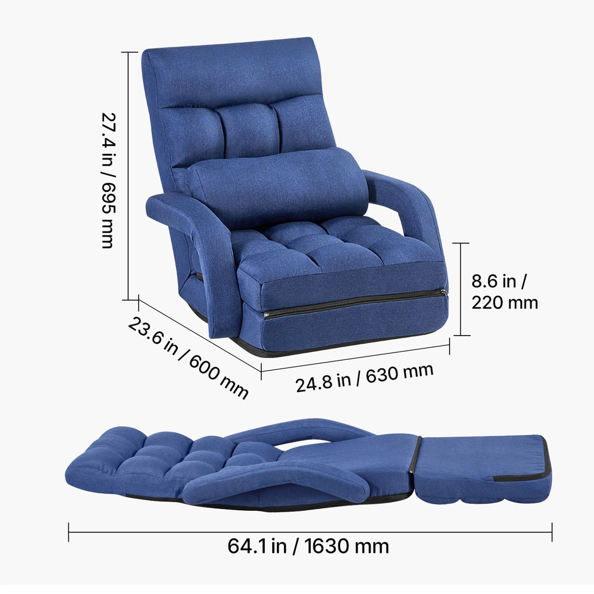 Floor Chair, 5 Adjustable Positions Folding Floor Gaming Chair with Back Support, Armrests, and Cushion, Sturdy Metal Frame with Recycled Foam and Linen Fabric, for Reading, Relaxing, Dark Blue