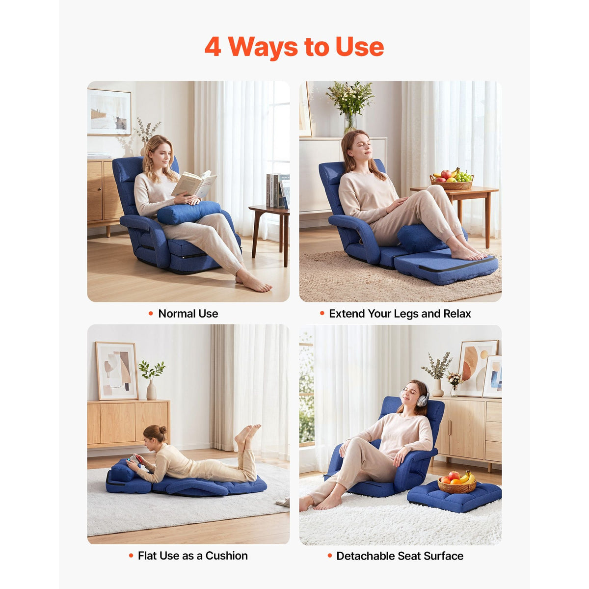 Floor Chair, 5 Adjustable Positions Folding Floor Gaming Chair with Back Support, Armrests, and Cushion, Sturdy Metal Frame with Recycled Foam and Linen Fabric, for Reading, Relaxing, Dark Blue