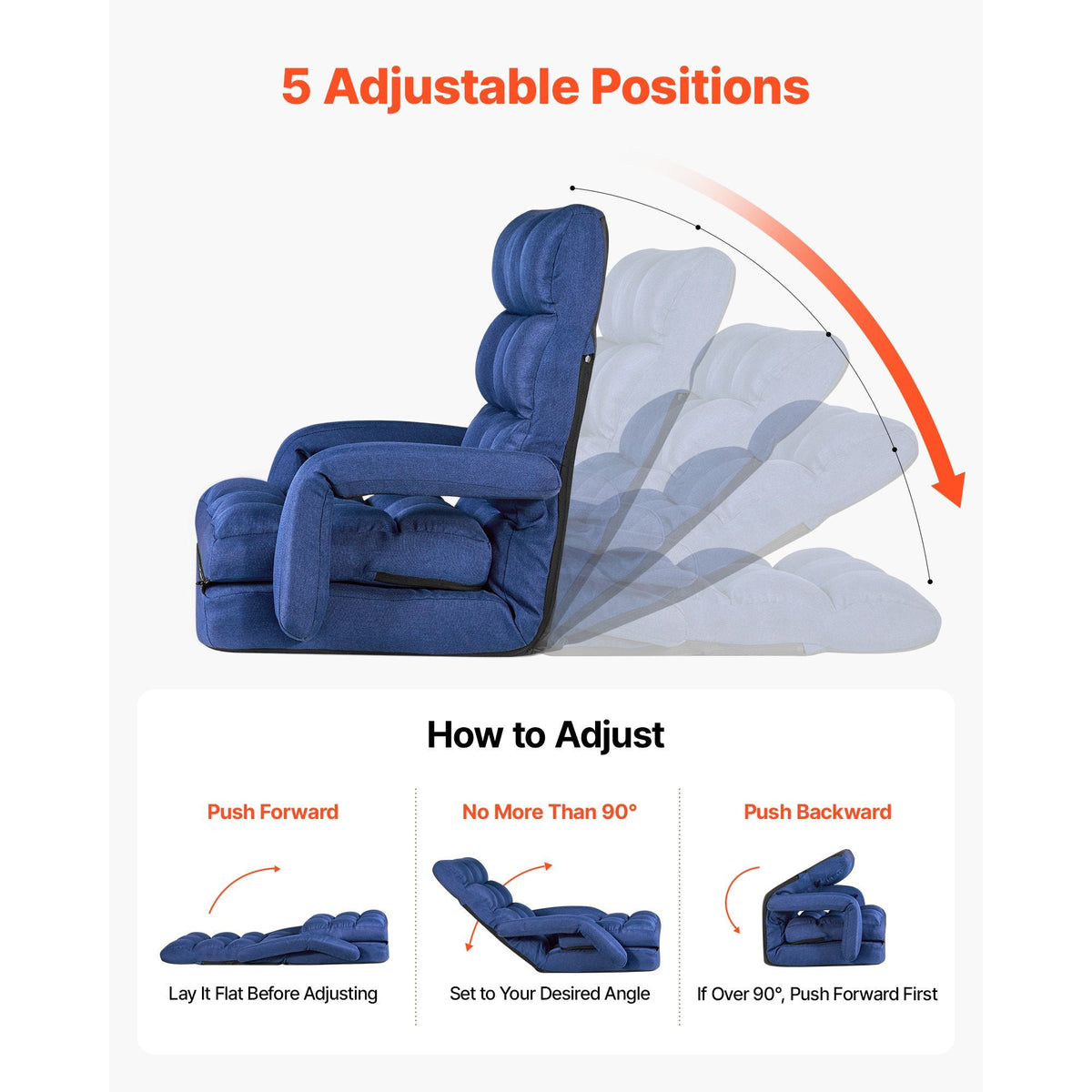Floor Chair, 5 Adjustable Positions Folding Floor Gaming Chair with Back Support, Armrests, and Cushion, Sturdy Metal Frame with Recycled Foam and Linen Fabric, for Reading, Relaxing, Dark Blue