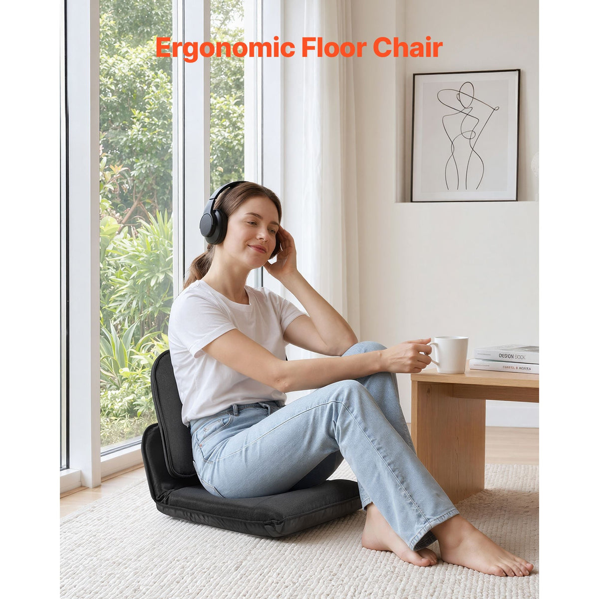 Floor Chair, 5 Adjustable Positions Folding Floor Gaming Chair with Ergonomic Back Support, Sturdy Metal Frame with Recycled Foam and Linen Fabric, Multifunctional for Reading, Relaxing, Black