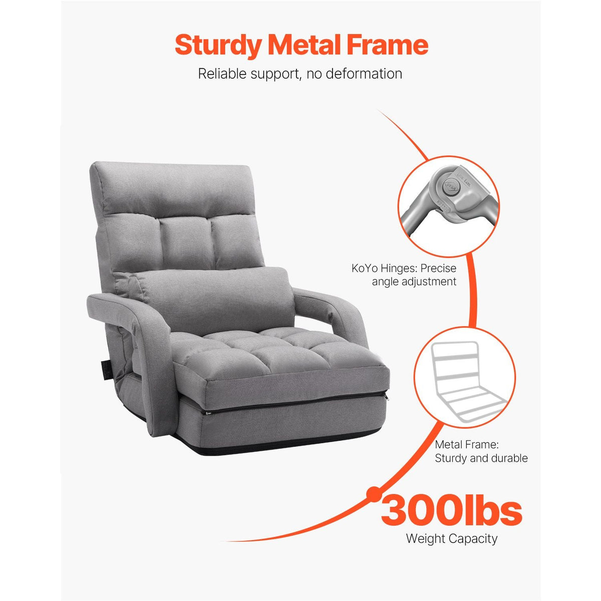 Floor Chair, Floor Gaming Chair with 5 Adjustable Position and Back Support, Folding Sofa Chair with Armrest for Adults, Sofa Lounger Bed with Back Cushion for Living Room and Bedroom, Gray
