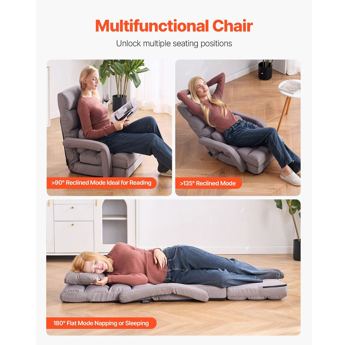 Floor Chair, Floor Gaming Chair with 5 Adjustable Position and Back Support, Folding Sofa Chair with Armrest for Adults, Sofa Lounger Bed with Back Cushion for Living Room and Bedroom, Gray