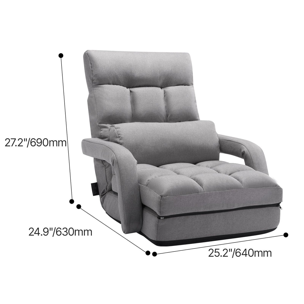Floor Chair, Floor Gaming Chair with 5 Adjustable Position and Back Support, Folding Sofa Chair with Armrest for Adults, Sofa Lounger Bed with Back Cushion for Living Room and Bedroom, Gray