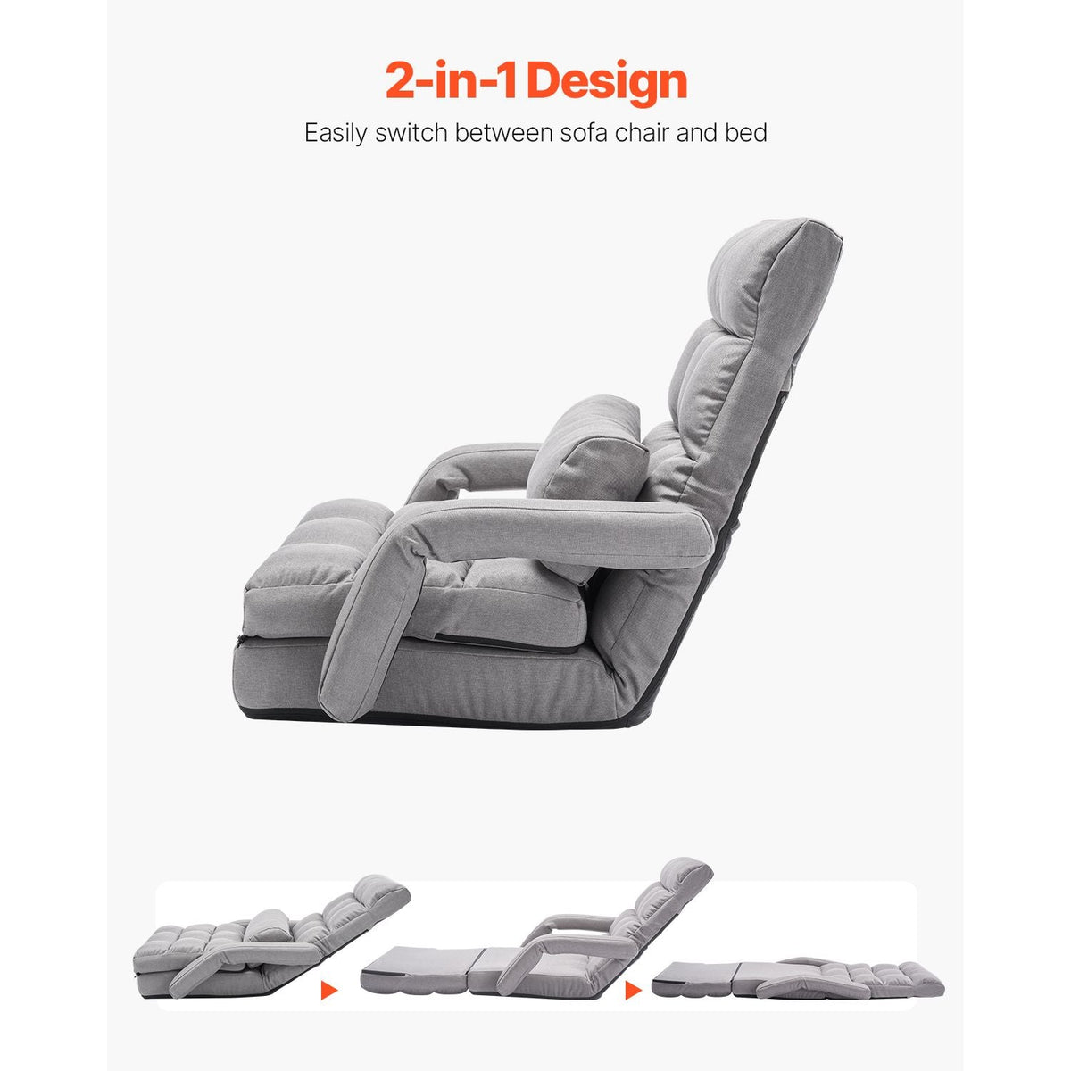 Floor Chair, Floor Gaming Chair with 5 Adjustable Position and Back Support, Folding Sofa Chair with Armrest for Adults, Sofa Lounger Bed with Back Cushion for Living Room and Bedroom, Gray