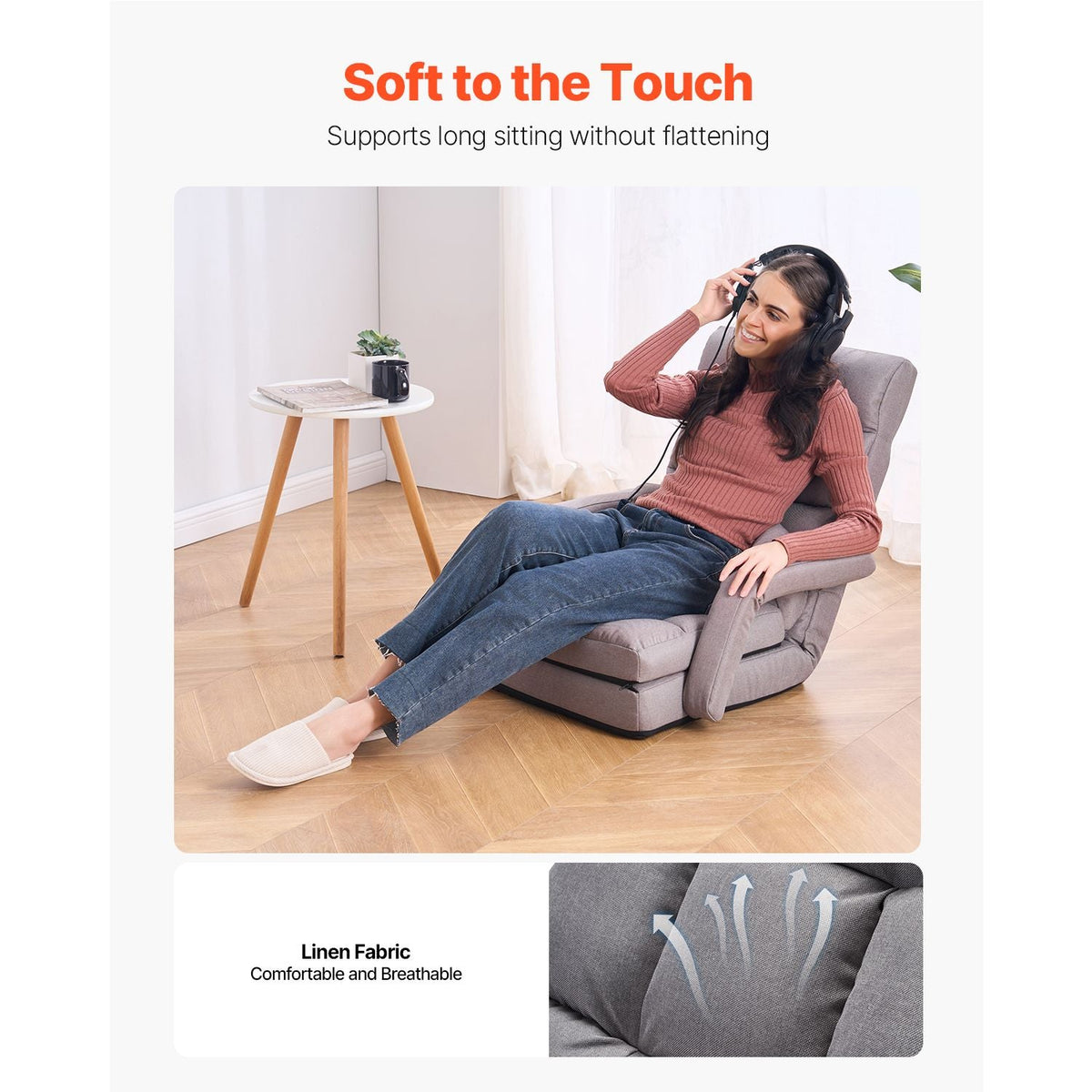 Floor Chair, Floor Gaming Chair with 5 Adjustable Position and Back Support, Folding Sofa Chair with Armrest for Adults, Sofa Lounger Bed with Back Cushion for Living Room and Bedroom, Gray