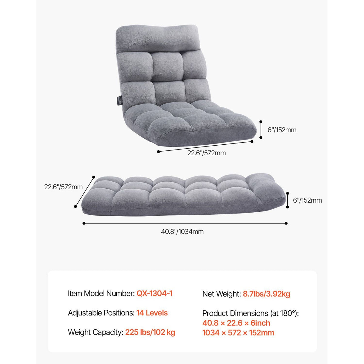 Floor Chair, Recycled Foam Folding Sofa Chair with 14 Adjustable Positions, Multifunctional Floor Chair with Back Support Ideal for Sleeping Reading, Floor Gaming Chair for Living Room, Gray