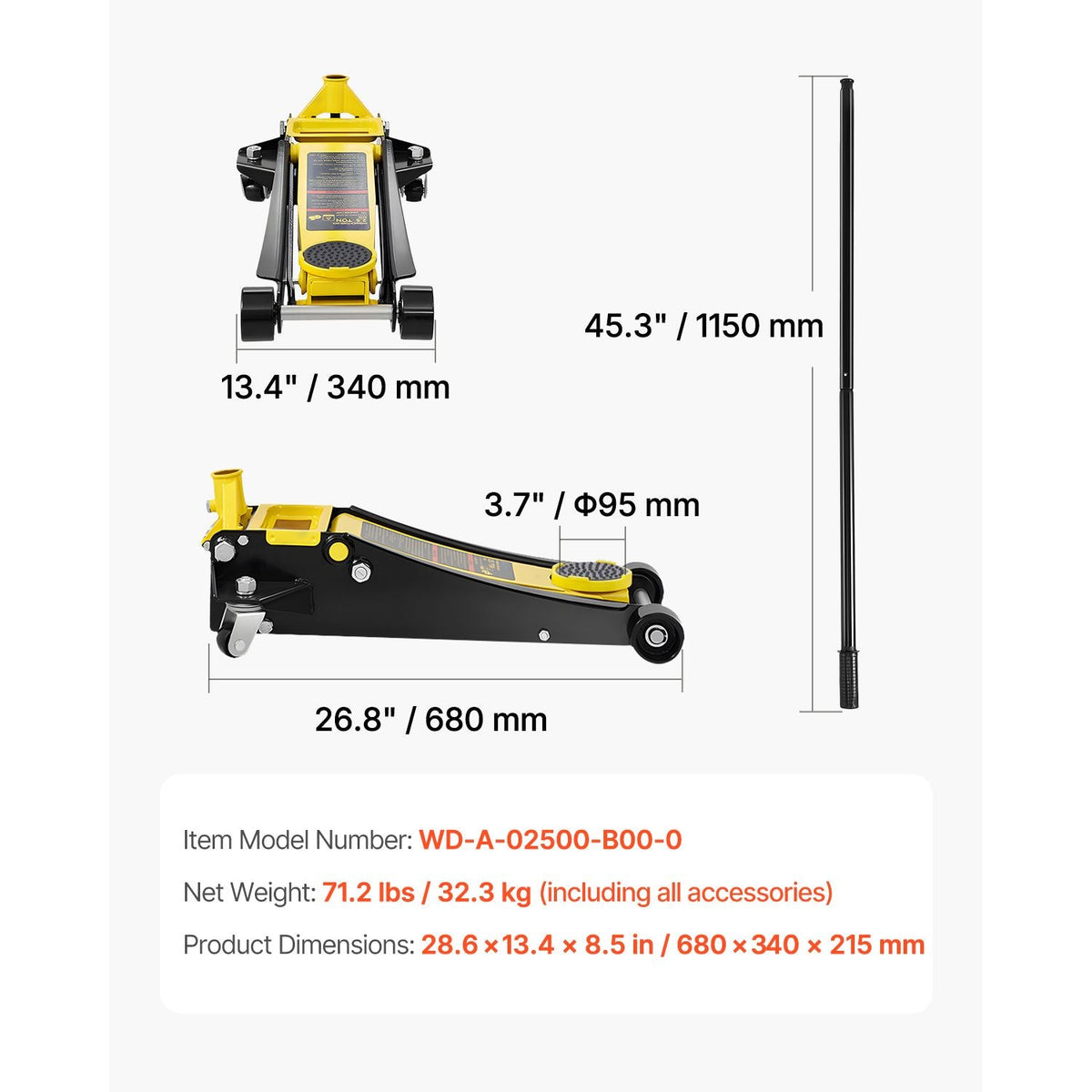 Floor Jack, 2.5 Ton Low Profile Floor Jack, Heavy-duty Steel Racing Floor Jack with Dual Pistons Quick Lift Pump, Floor Jack Lifting Range 3.64"-19.49"