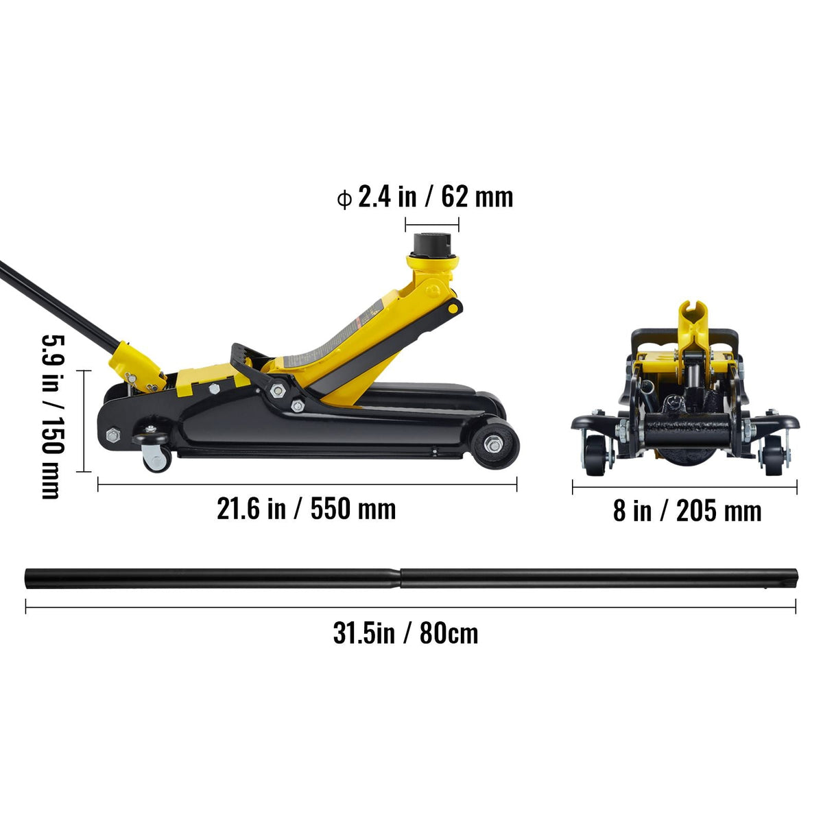Floor Jack, 2.5 Ton Low Profile Floor Jack, Heavy-duty Steel Racing Floor Jack With Single Piston Lift Pump, Floor Jack Lifting Range 3.35"-14.96"