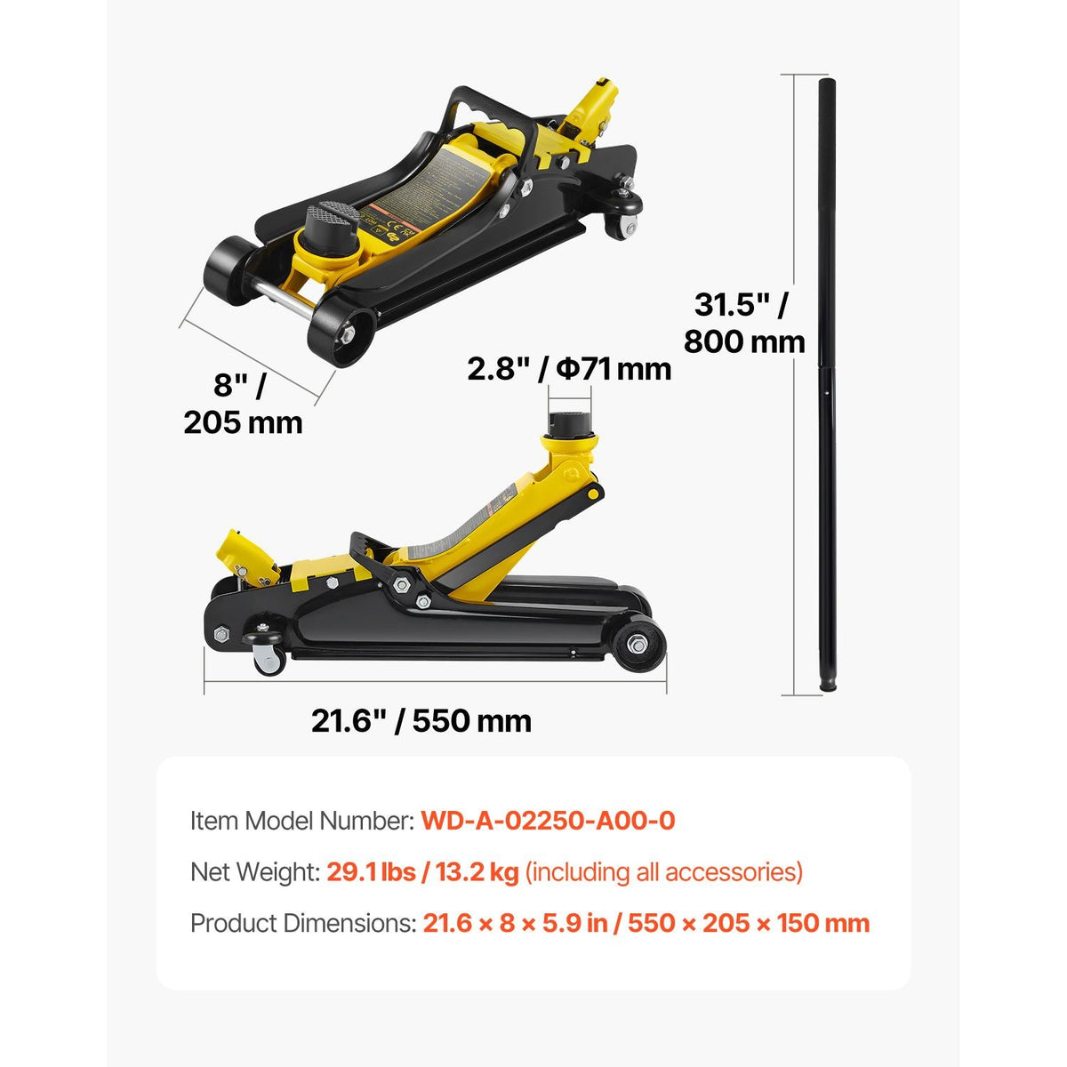 Floor Jack, 2.5 Ton Low Profile Floor Jack, Heavy-duty Steel Racing Floor Jack With Single Piston Lift Pump, Floor Jack Lifting Range 3.35"-14.96"