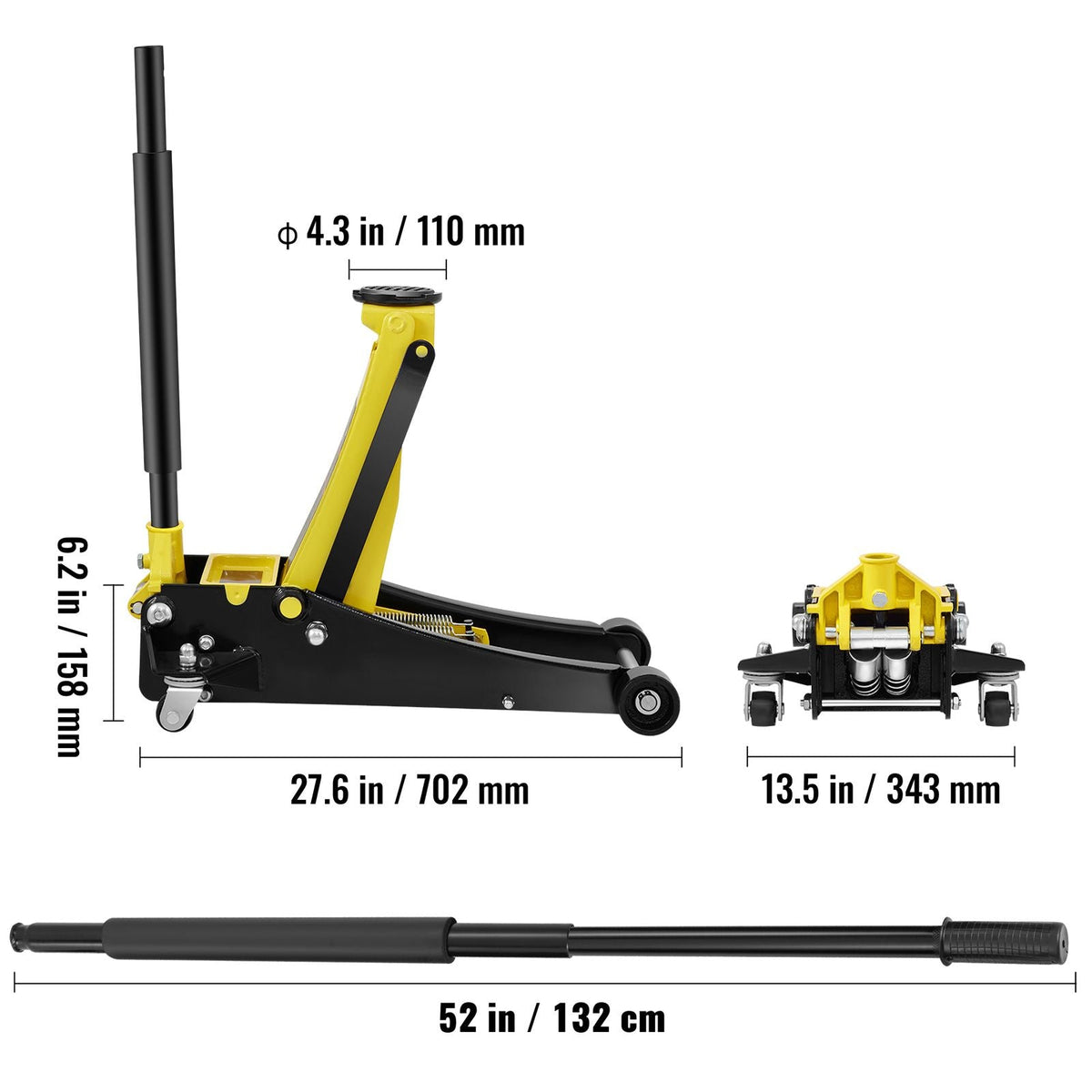 Floor Jack, 3 Ton Low Profile Floor Jack, Heavy-duty Steel Racing Floor Jack with Dual Pistons Quick Lift Pump, Floor Jack Lifting Range 3.35"-19.69"
