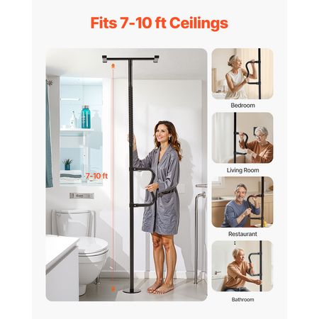 Floor-to-Ceiling Transfer Pole, Tension Mounted Bathroom Grab Bar with Anti-Slip Curve Handle, 300 Lbs Capacity Security Pole for Elderly, Ideal Senior Safety Pole for 7-10 Ft Ceilings, Black