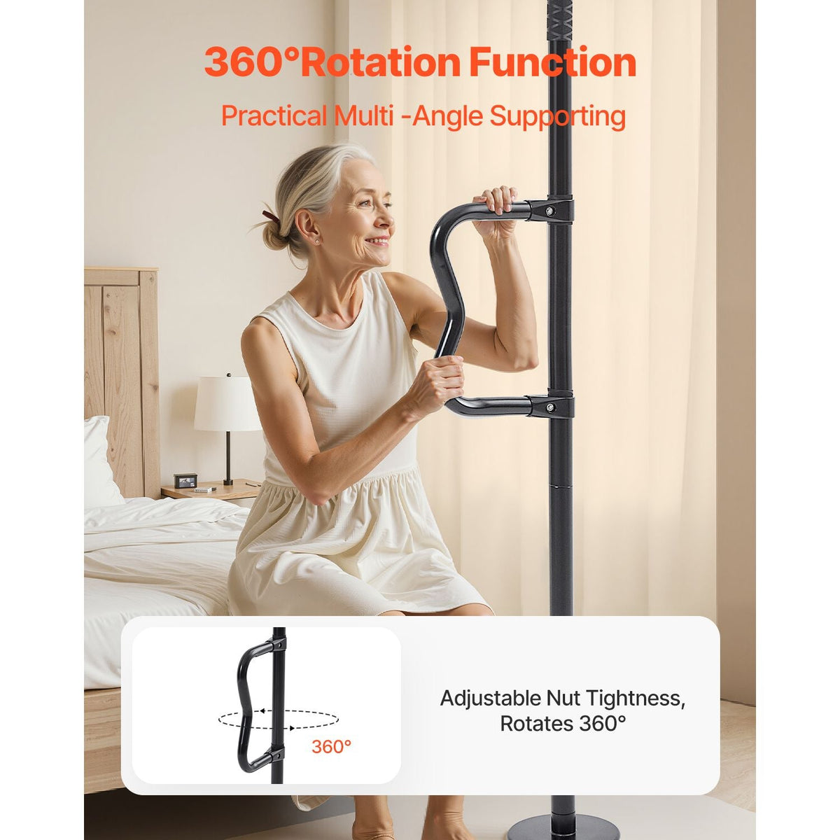 Floor-to-Ceiling Transfer Pole, Tension Mounted Bathroom Grab Bar with Anti-Slip Curve Handle, 300 Lbs Capacity Security Pole for Elderly, Ideal Senior Safety Pole for 7-10 Ft Ceilings, Black