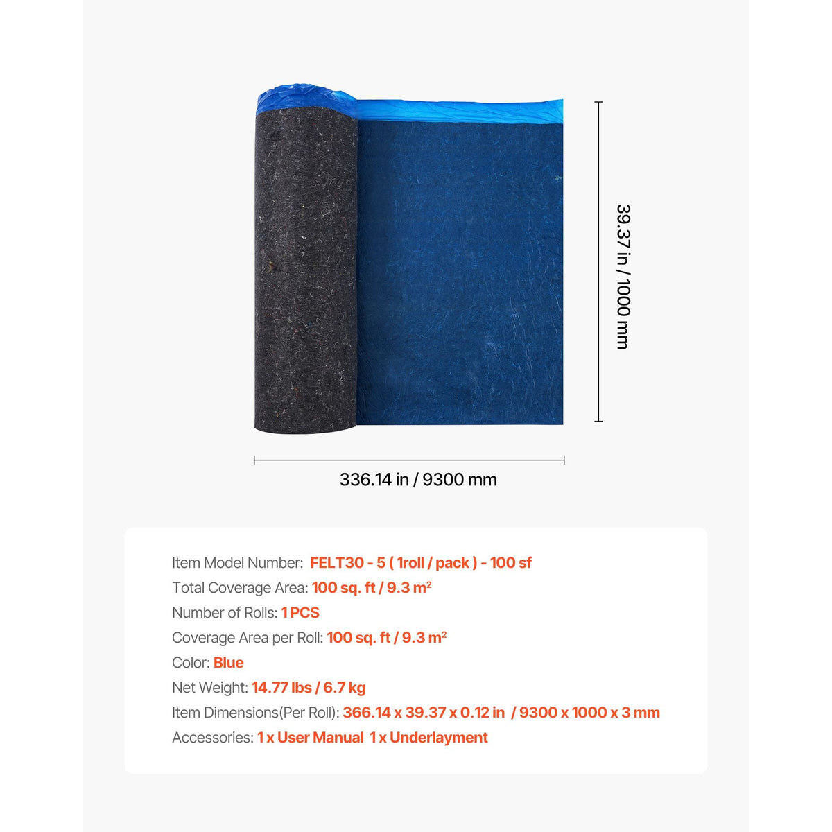 Floor Underlayment 100 sq. ft/Roll, 3 mm Thick Laminate Flooring Padding with Attached Vapor Barrier, Heavy Duty Fiber + PE Film, Soundproofing & Noise Reduction, Ideal for Vinyl Wood